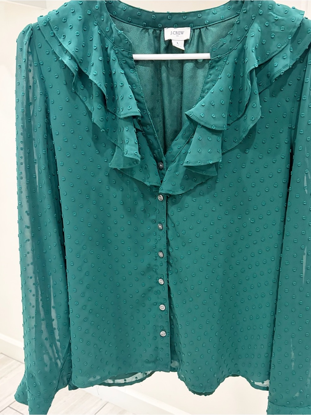 J. Crew Teal Ruffle Swiss Dot Button-Front Blouse